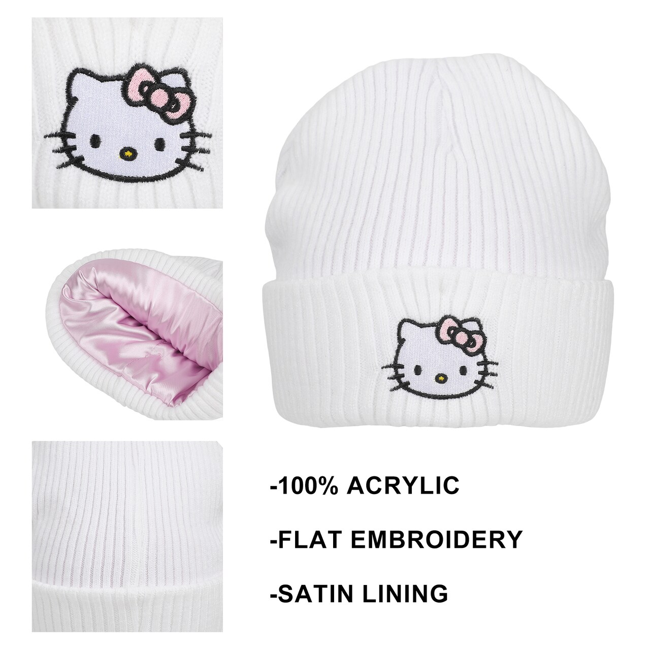 Hello Kitty Ribbed Knit, Embroidered Character On White Cuff Beanie